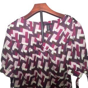 Geometric Print V-Neck Blouse Puff Tie-Sleeves Multicolor‎ Casual Comfort Office